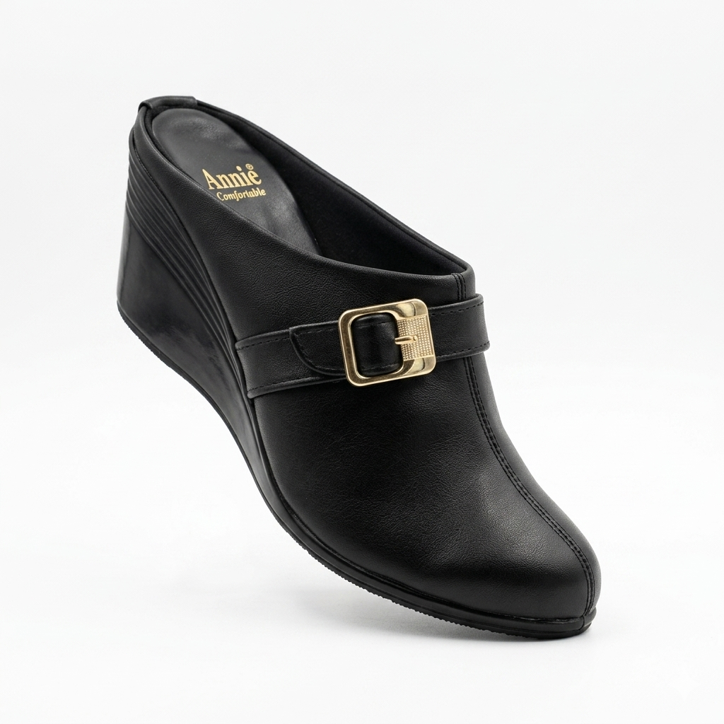 Women’s Comfortable Wedge Heel Slip-On Mule Sandals with Buckle Strap | Synthetic Upper & Cushioned PU Sole