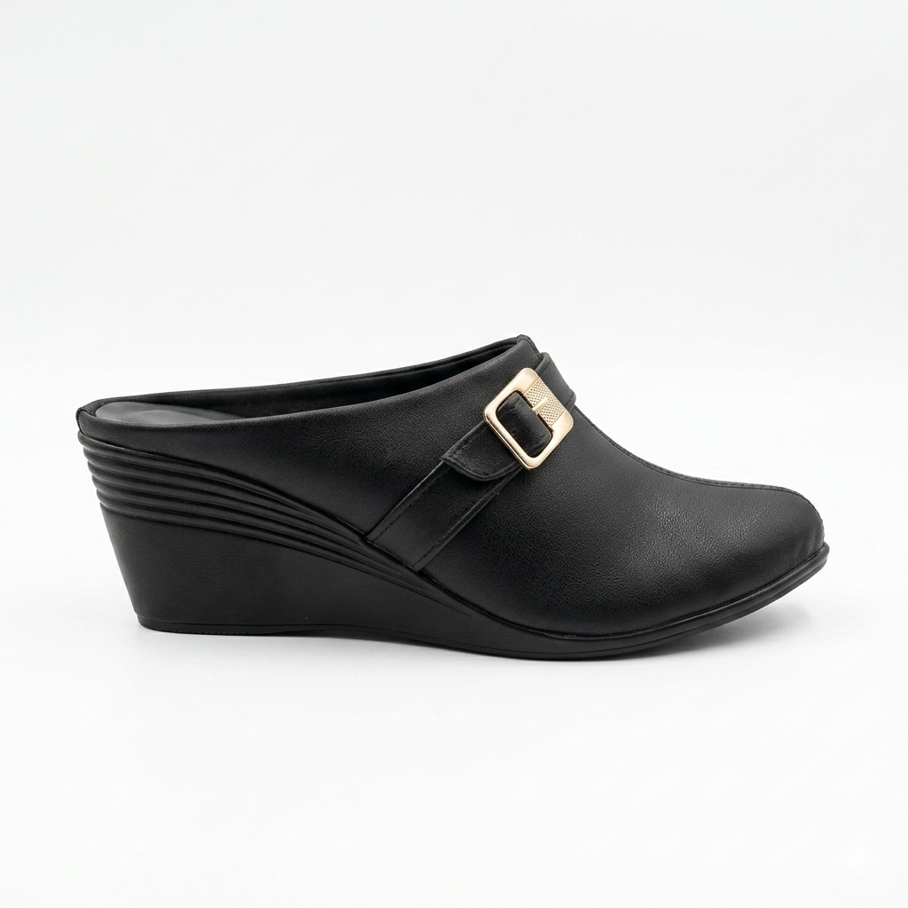 Women’s Comfortable Wedge Heel Slip-On Mule Sandals with Buckle Strap | Synthetic Upper & Cushioned PU Sole