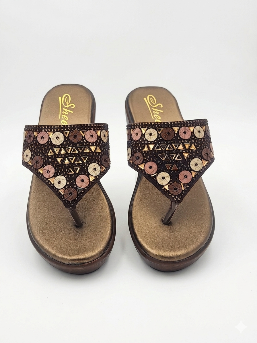Women's Embellished Wedge Thong chapple – Cushioned Comfort with PU Sole
