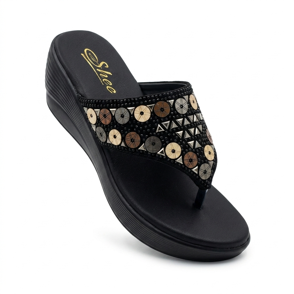 Women's Embellished Wedge Thong chapple – Cushioned Comfort with PU Sole