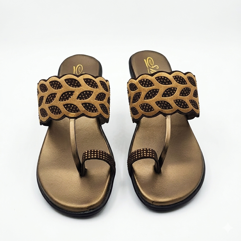 Women's Fashion Toe-Ring chapple | Laser-Cut Leaf Design with Shimmering Accents | Lightweight Air-Mix Sole & Cushioned Comfort Footbed | Stylish Ethnic & Casual Wear Flats