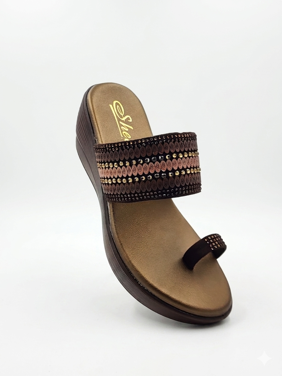 Women's Designer Toe-Ring Wedge chapple with Swarovski Crystal Embellishments and Plush Cushion Padding