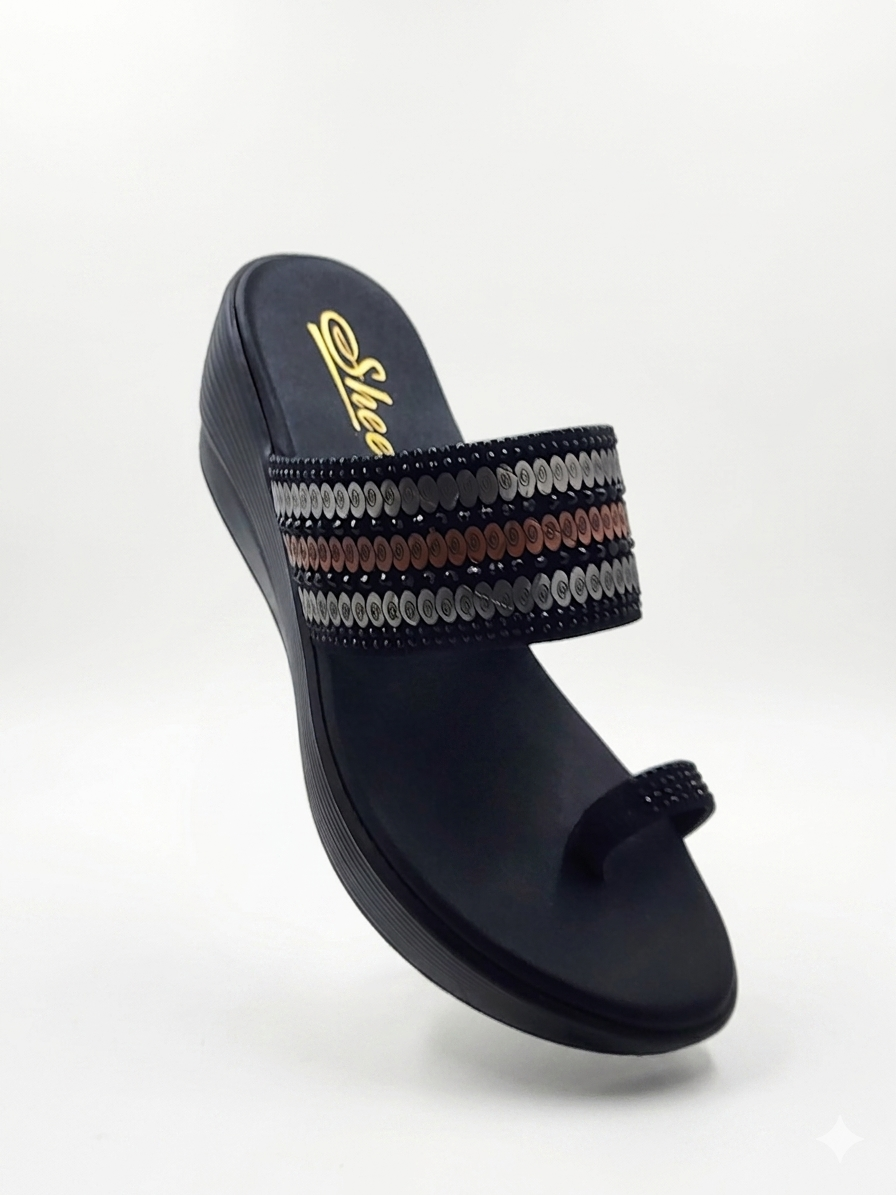 Women's Designer Toe-Ring Wedge chapple with Swarovski Crystal Embellishments and Plush Cushion Padding
