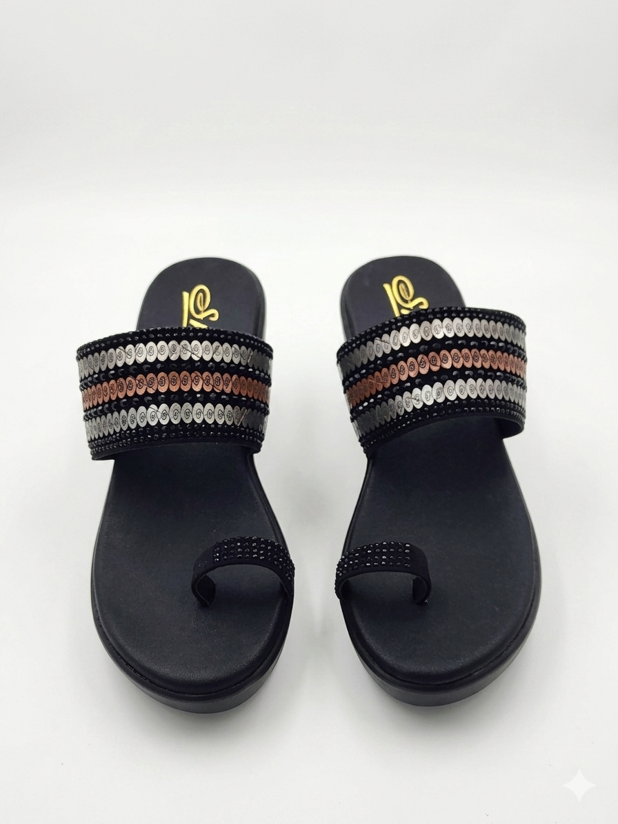 Women's Designer Toe-Ring Wedge chapple with Swarovski Crystal Embellishments and Plush Cushion Padding