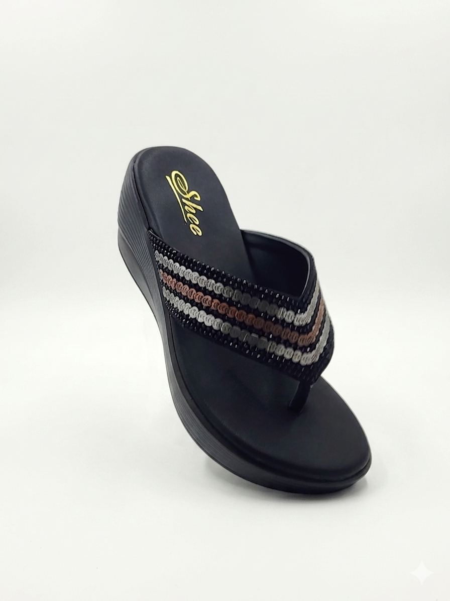 Women's Glamorous Wedge Thong chapple with Swarovski Embellished Synthetic Upper and Ultra-Soft Cushioning