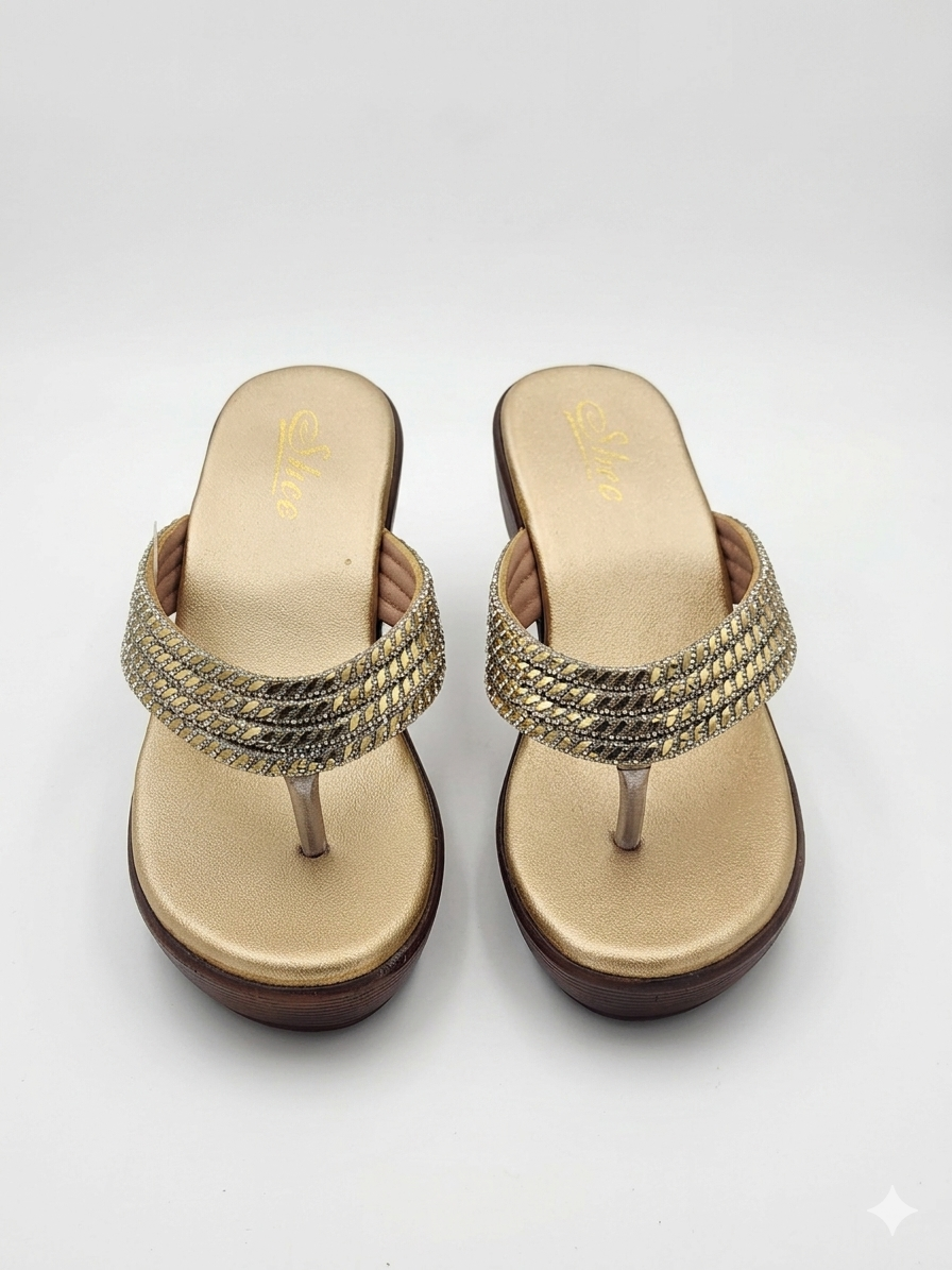 Women's Glamorous Wedge Thong chapple with Swarovski Crystal Embellished Synthetic Upper and Plush Cushion Padding