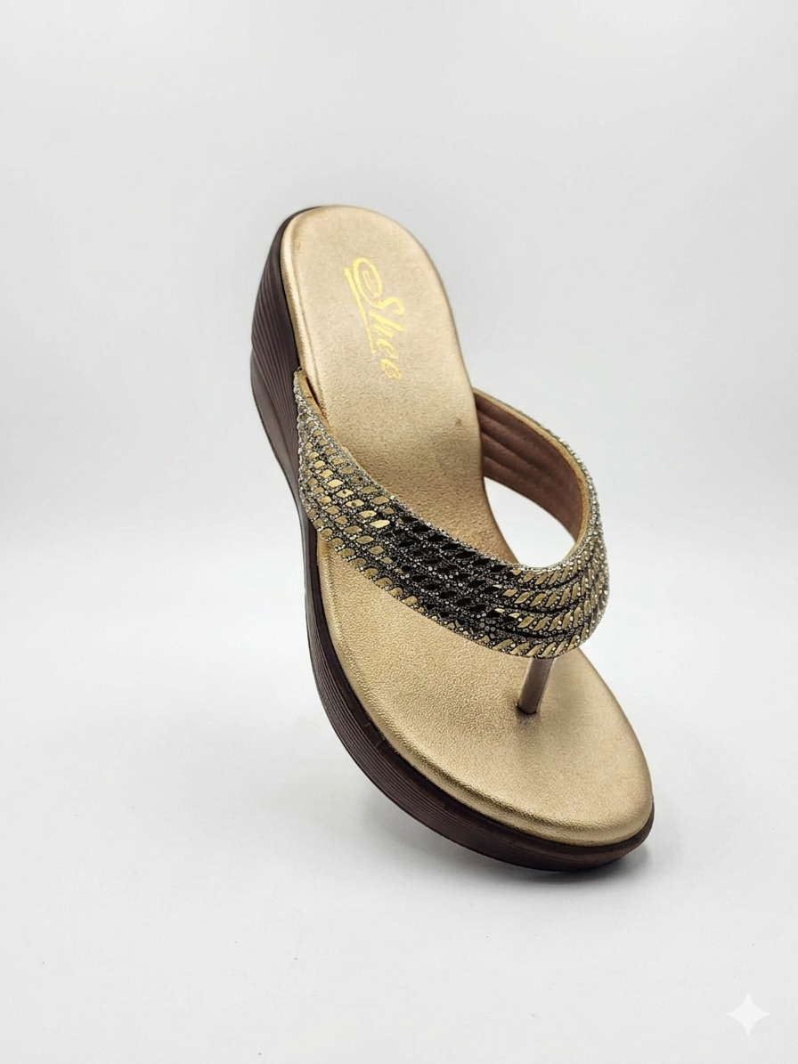 Women's Glamorous Wedge Thong chapple with Swarovski Crystal Embellished Synthetic Upper and Plush Cushion Padding