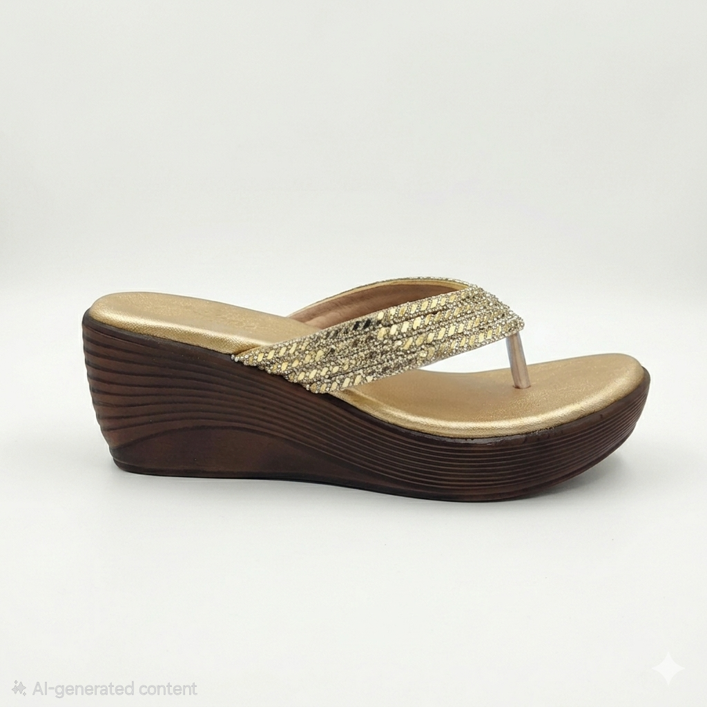 Women's Glamorous Wedge Thong chapple with Swarovski Crystal Embellished Synthetic Upper and Plush Cushion Padding