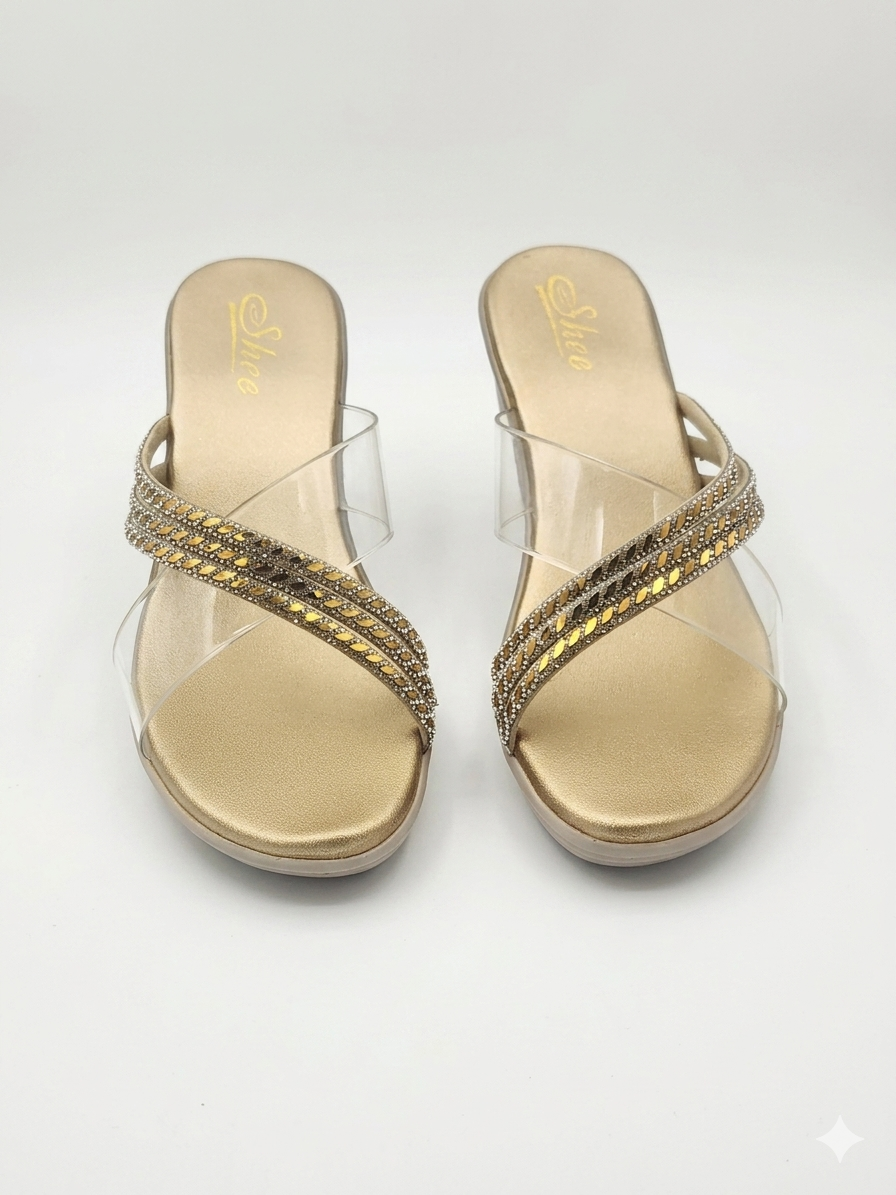 Women's Chic Wedge Slippers with Transparent Crisscross Straps, Swarovski Crystal Embellishments, and Premium Cushion Padding