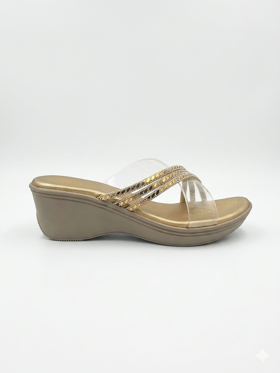 Women's Chic Wedge Slippers with Transparent Crisscross Straps, Swarovski Crystal Embellishments, and Premium Cushion Padding