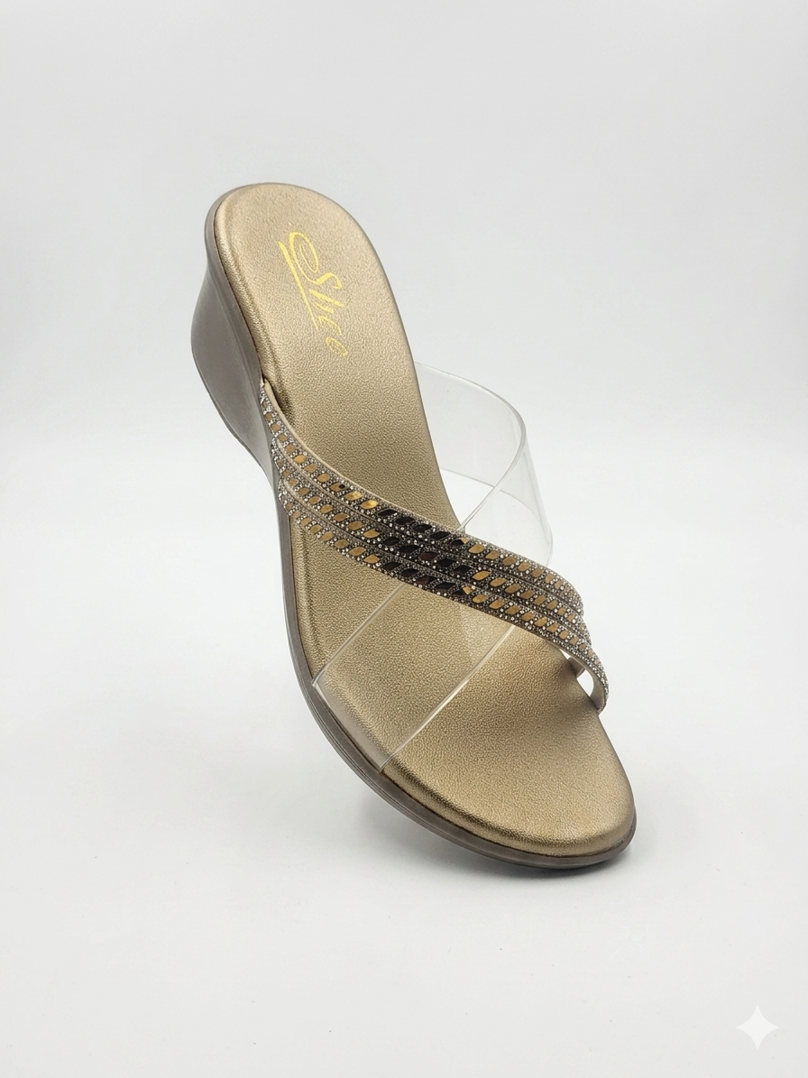 Women's Chic Wedge Slippers with Transparent Crisscross Straps, Swarovski Crystal Embellishments, and Premium Cushion Padding