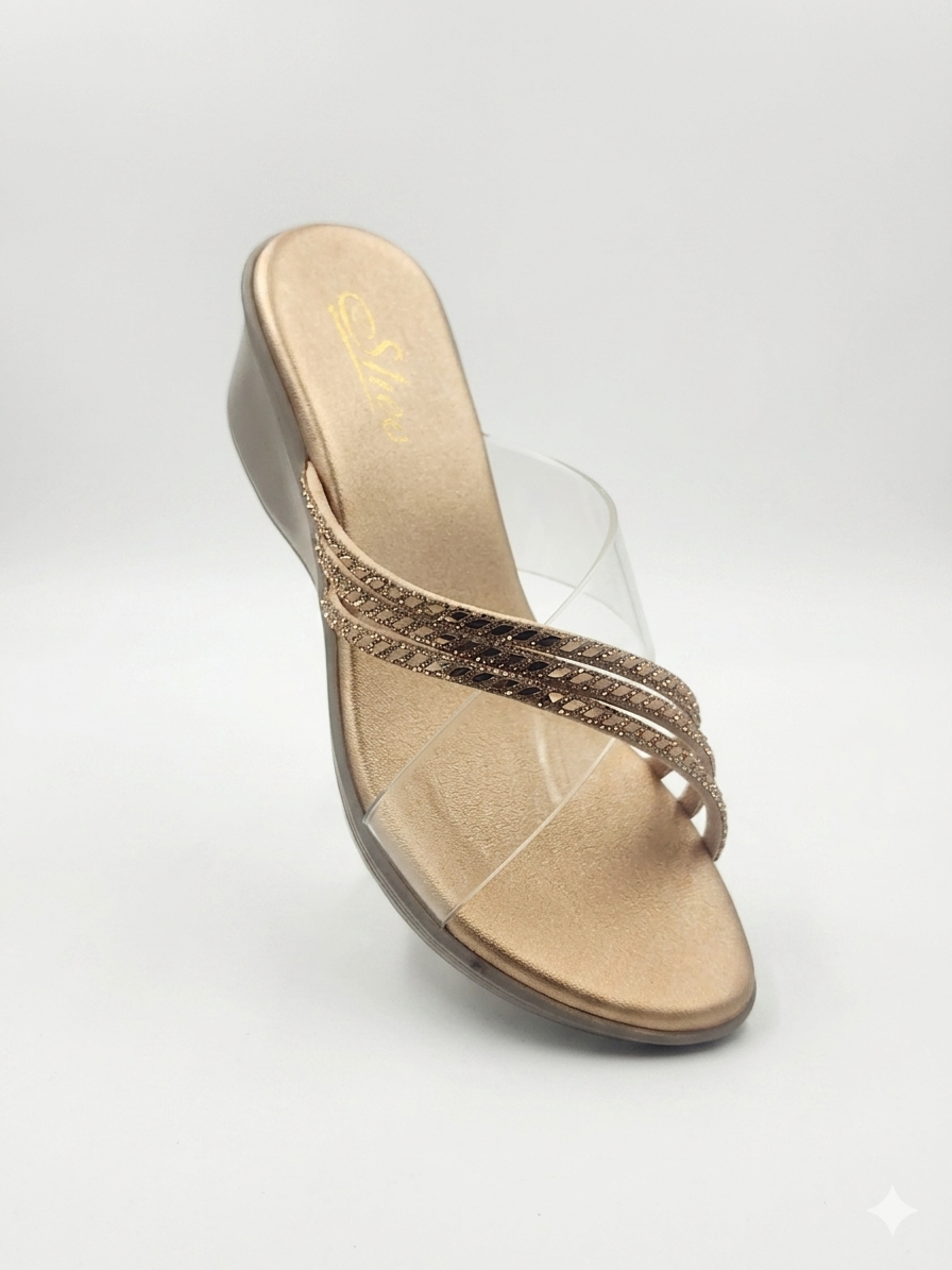 Women's Chic Wedge Slippers with Transparent Crisscross Straps, Swarovski Crystal Embellishments, and Premium Cushion Padding