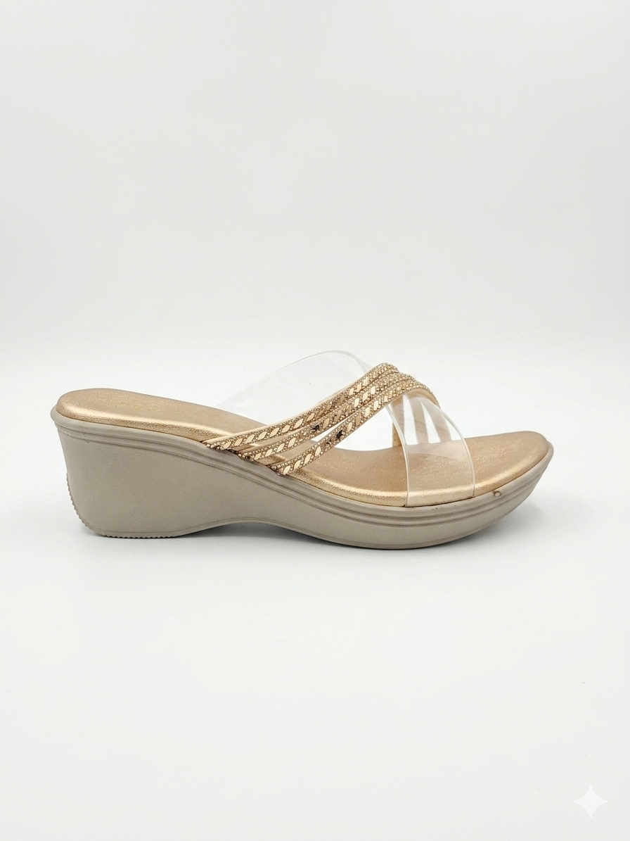 Women's Chic Wedge Slippers with Transparent Crisscross Straps, Swarovski Crystal Embellishments, and Premium Cushion Padding
