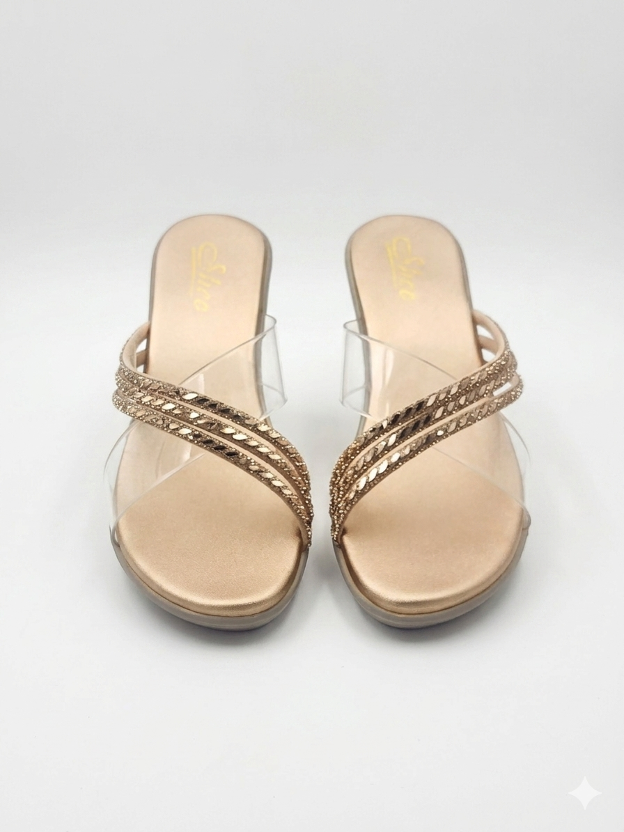 Women's Chic Wedge Slippers with Transparent Crisscross Straps, Swarovski Crystal Embellishments, and Premium Cushion Padding