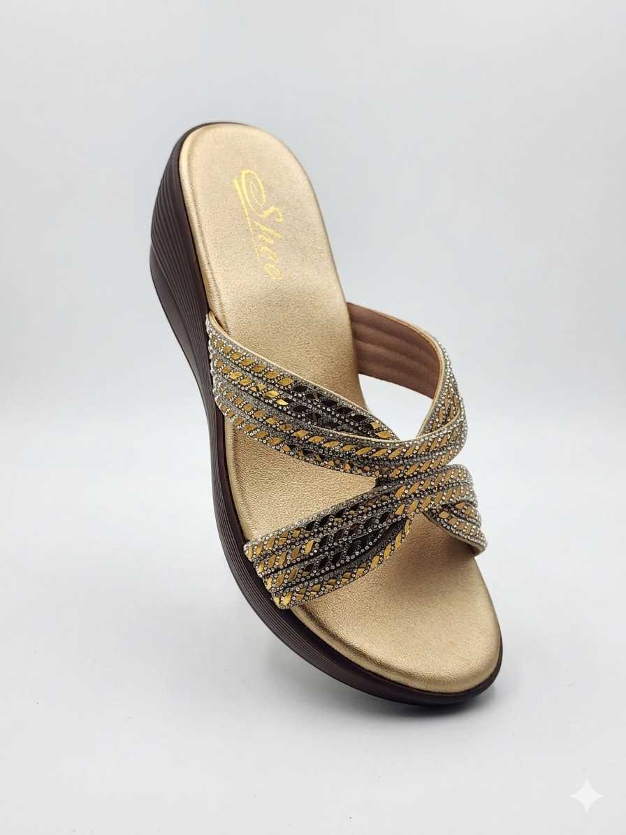 Women's Elegant Wedge Slippers with Swarovski Crystal Embellished Synthetic Upper and Ultra-Soft Cushioning