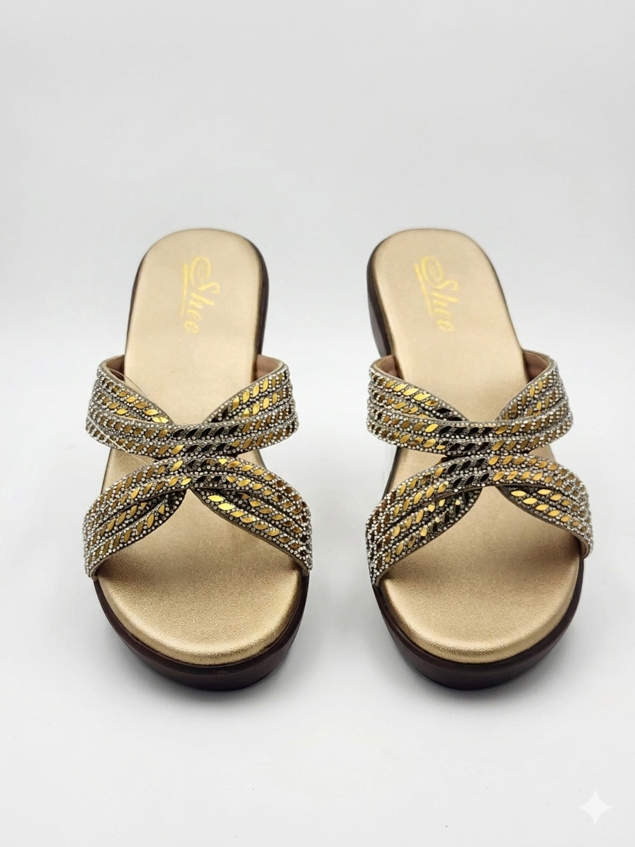 Women's Elegant Wedge Slippers with Swarovski Crystal Embellished Synthetic Upper and Ultra-Soft Cushioning