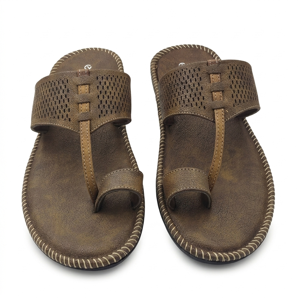 Men's Cushion-Padded Kolhapuri-Style chapple | Synthetic Leather Ethnic One-Toe Slippers with Air-Mix Sole