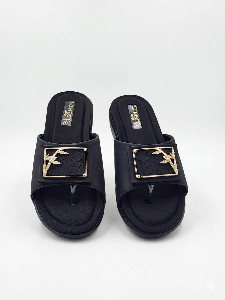 Women's Soft Lycra T-Strap chapples with Embossed Bamboo Buckle Accent