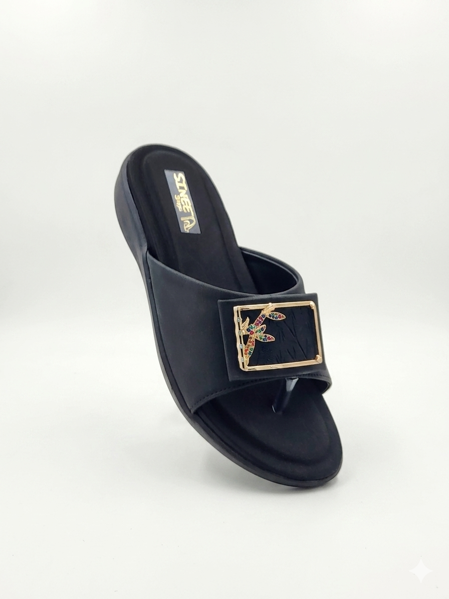 Women's Soft Lycra T-Strap chapples with Embossed Bamboo Buckle Accent