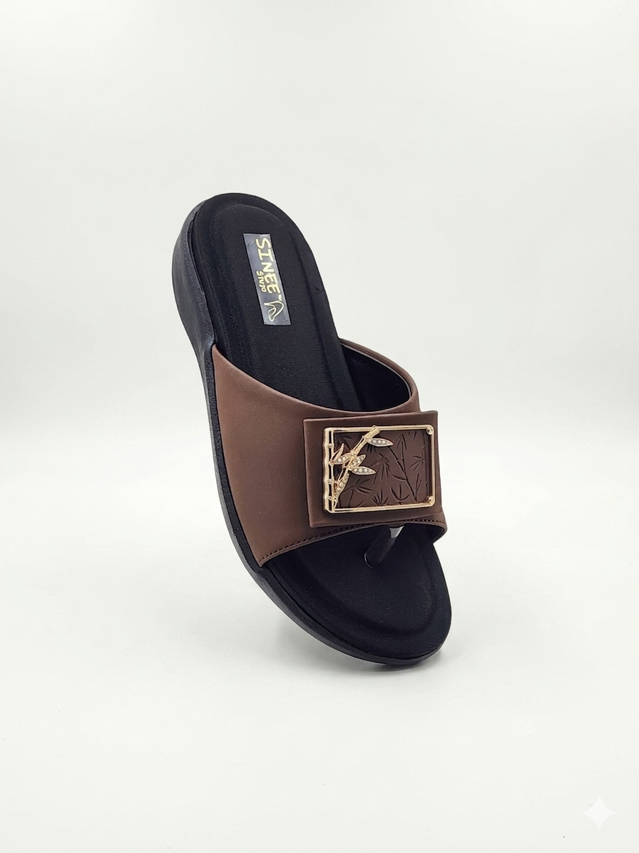 Women's Soft Lycra T-Strap chapples with Embossed Bamboo Buckle Accent