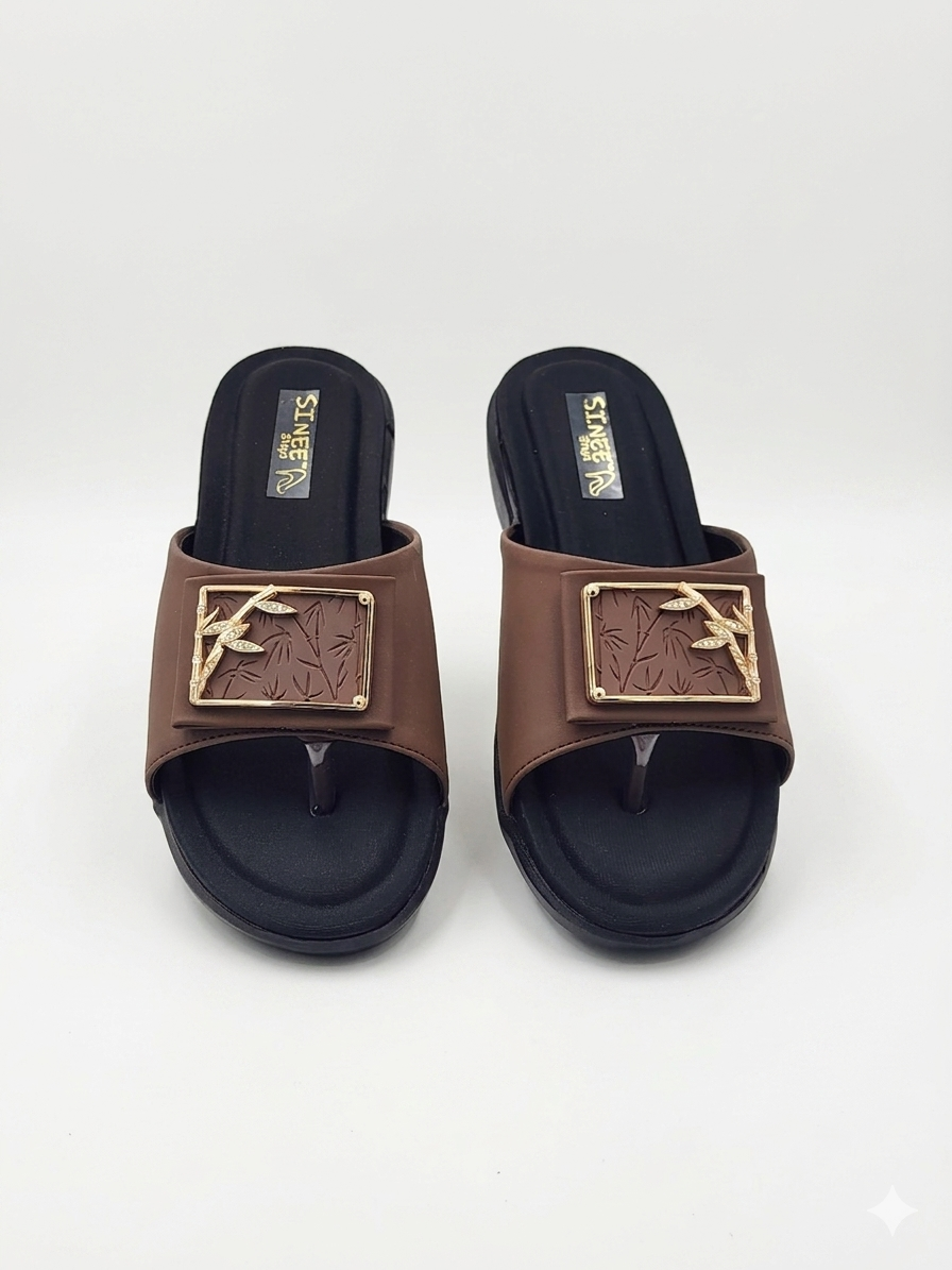 Women's Soft Lycra T-Strap chapples with Embossed Bamboo Buckle Accent