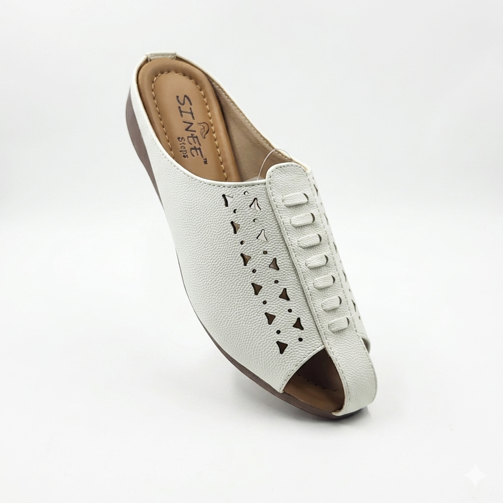 Women's Cushion Padding Open-Toe Mules | Geometric Laser-Cut Synthetic Upper with Lightweight Air-Mix Comfort Sole