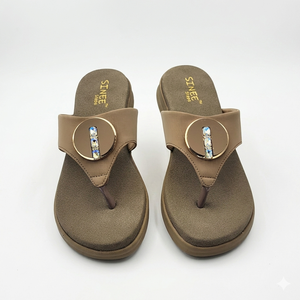 Women's Cushion Padding Comfort Slippers | Embellished T-Strap Synthetic Upper with Orthotic-Style Air-Mix Sole