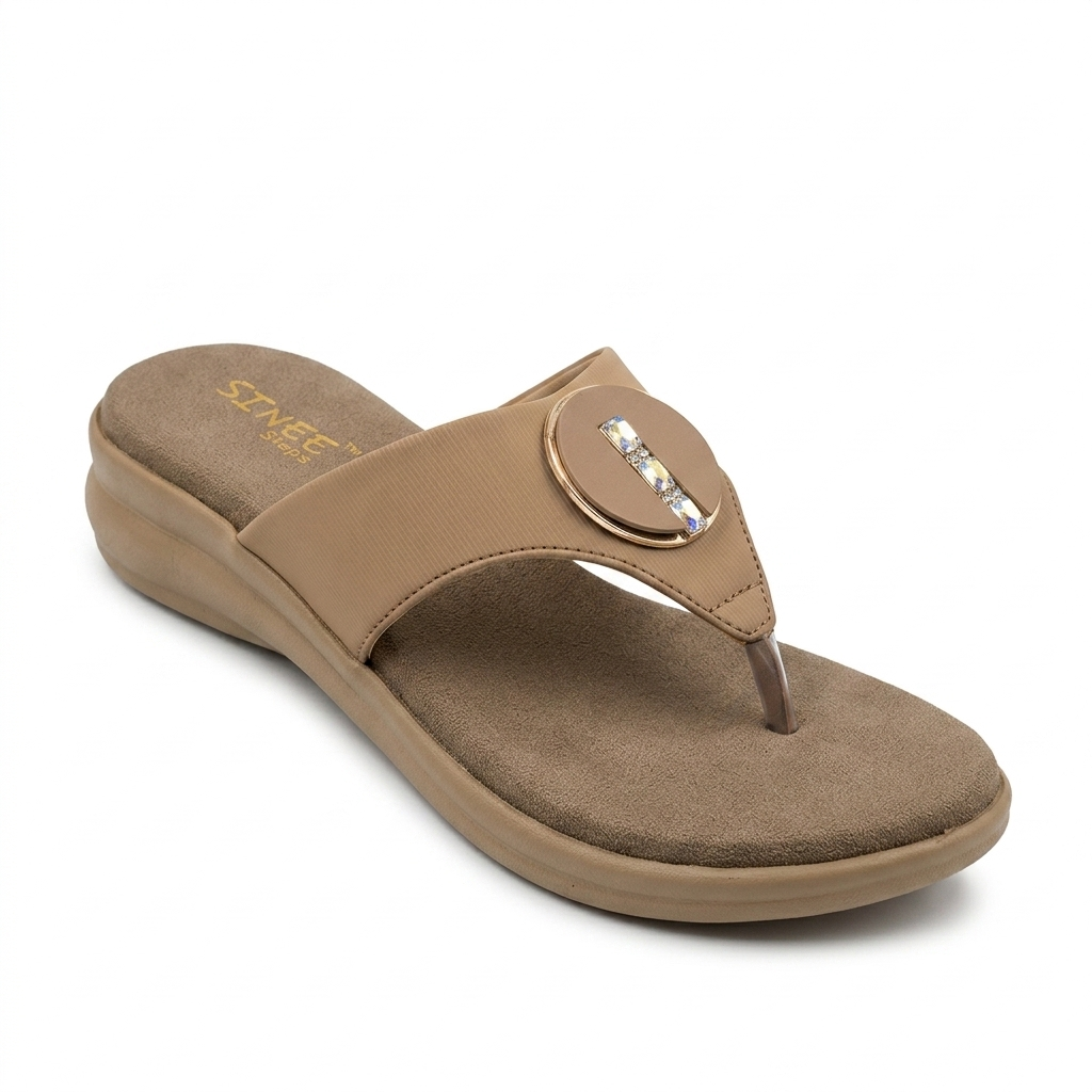Women's Cushion Padding Comfort Slippers | Embellished T-Strap Synthetic Upper with Orthotic-Style Air-Mix Sole