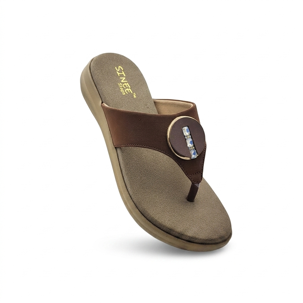 Women's Cushion Padding Comfort Slippers | Embellished T-Strap Synthetic Upper with Orthotic-Style Air-Mix Sole