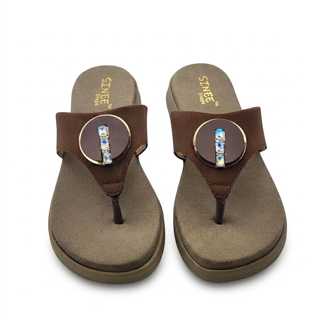 Women's Cushion Padding Comfort Slippers | Embellished T-Strap Synthetic Upper with Orthotic-Style Air-Mix Sole