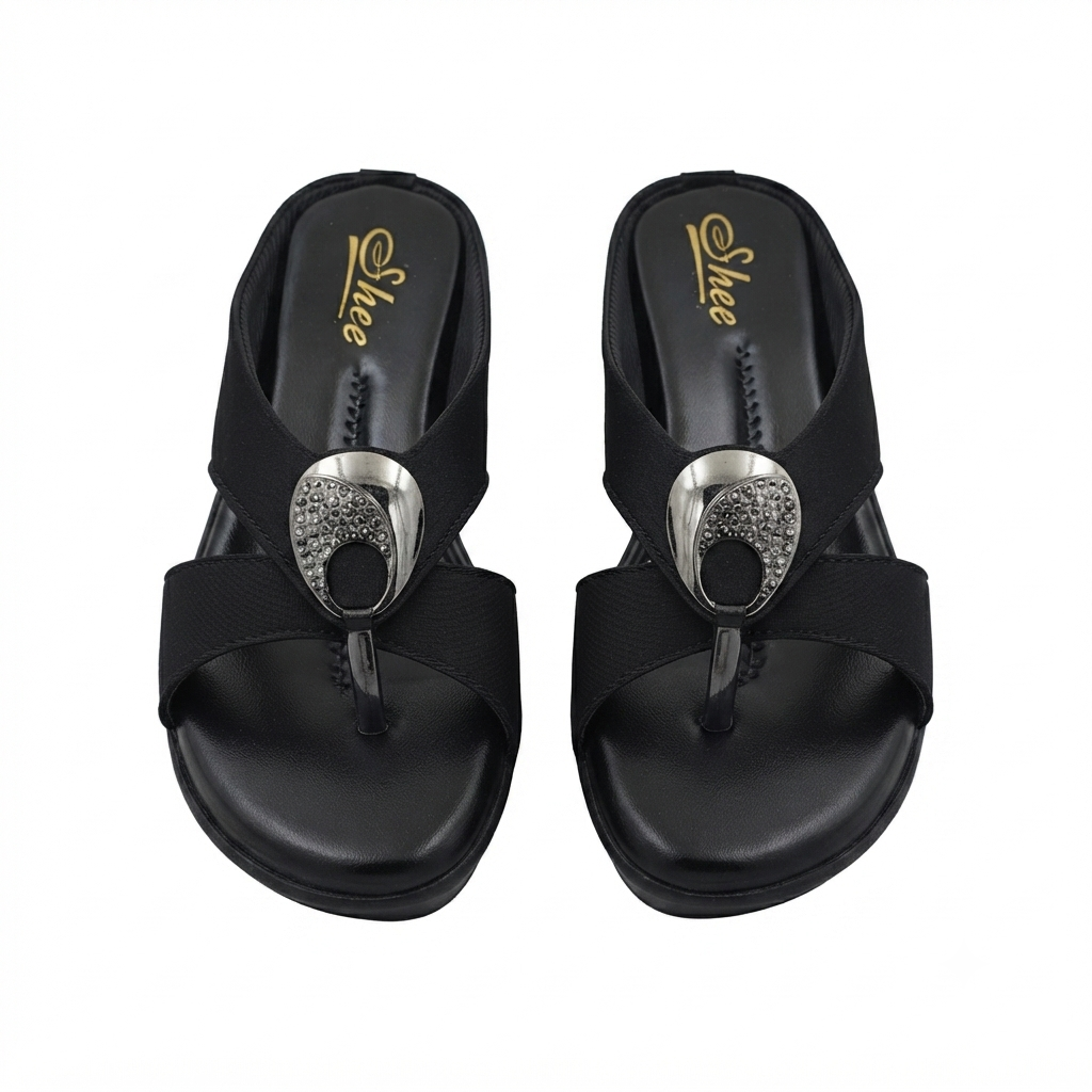 Women’s Comfortable Synthetic Lycra Wedge Sandals | Cushioned Footbed Slip-On Sandals with Embellished Buckle