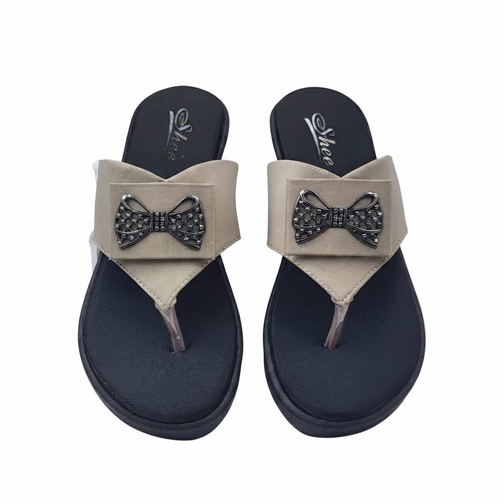 Women’s Comfortable Synthetic Lycra Wedge Sandals | Cushioned Footbed Slip-On Sandals with Rhinestone Bow Accent
