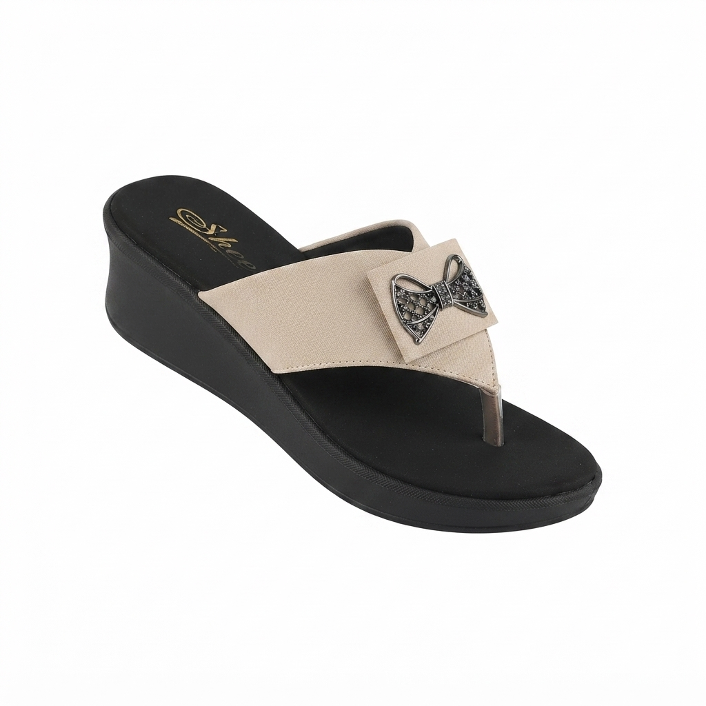 Women’s Comfortable Synthetic Lycra Wedge Sandals | Cushioned Footbed Slip-On Sandals with Rhinestone Bow Accent