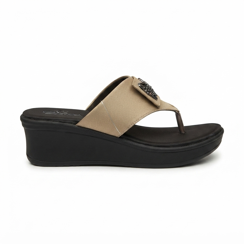 Women’s Comfortable Synthetic Lycra Wedge Sandals | Cushioned Footbed Slip-On Sandals with Rhinestone Bow Accent