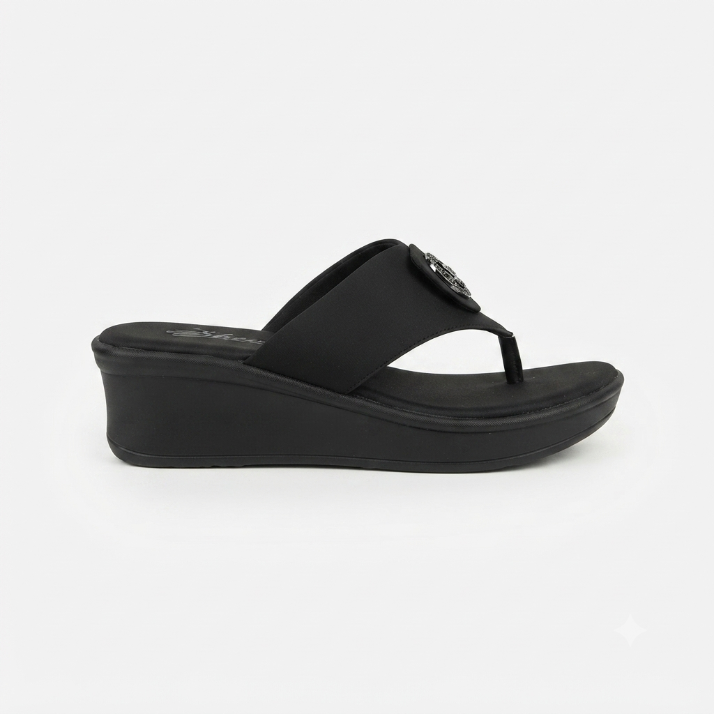 Women’s Comfortable Synthetic Lycra Wedge Sandals | Cushioned Footbed Slip-On Sandals with Rhinestone Bow Accent