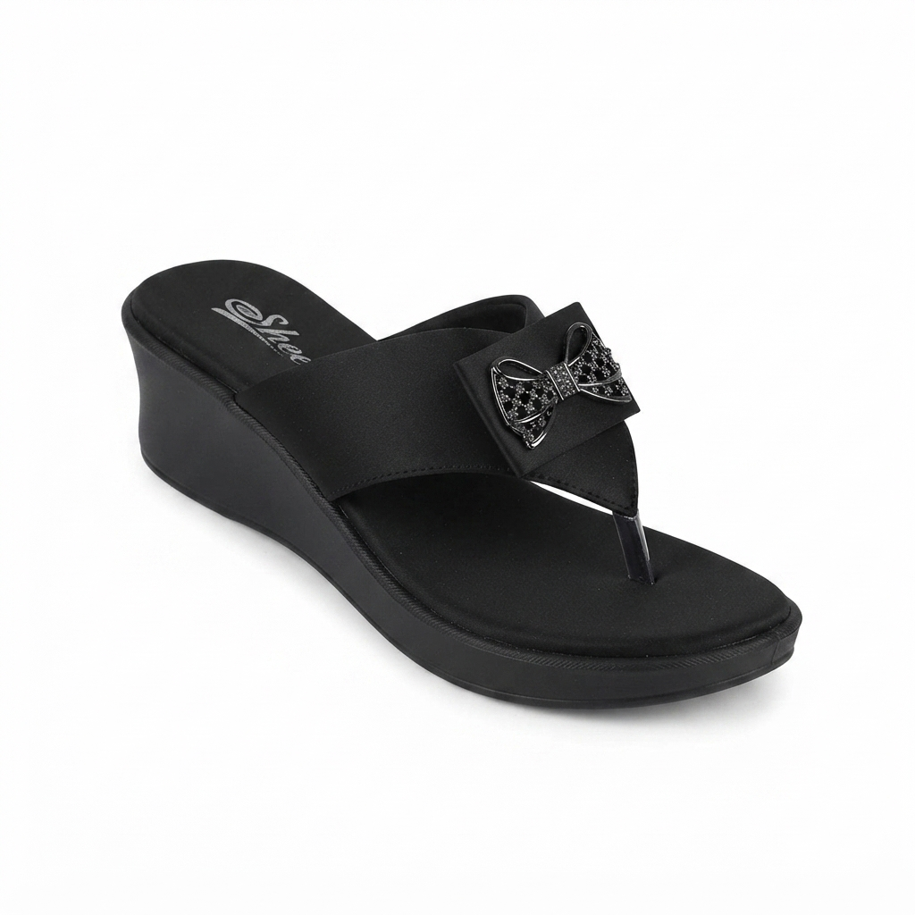 Women’s Comfortable Synthetic Lycra Wedge Sandals | Cushioned Footbed Slip-On Sandals with Rhinestone Bow Accent