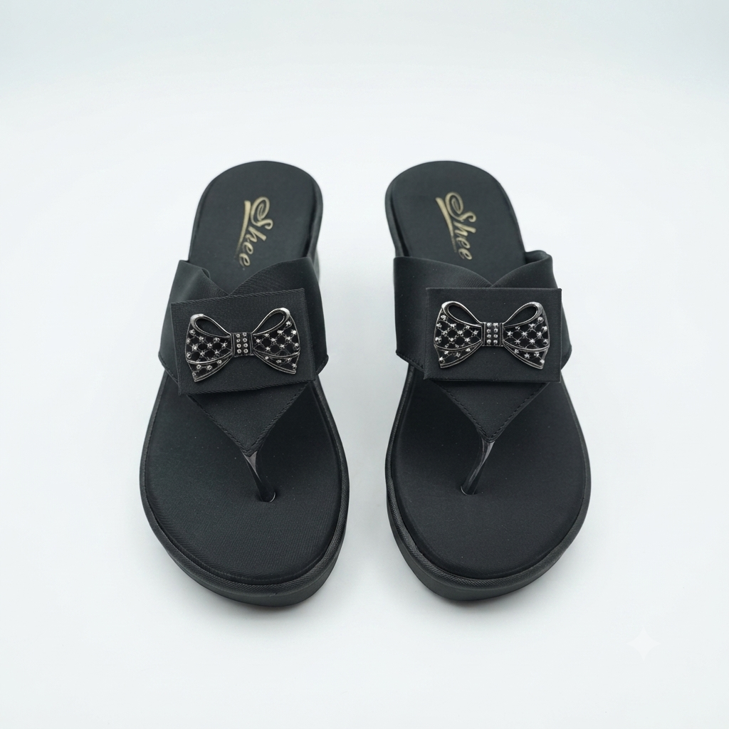 Women’s Comfortable Synthetic Lycra Wedge Sandals | Cushioned Footbed Slip-On Sandals with Rhinestone Bow Accent