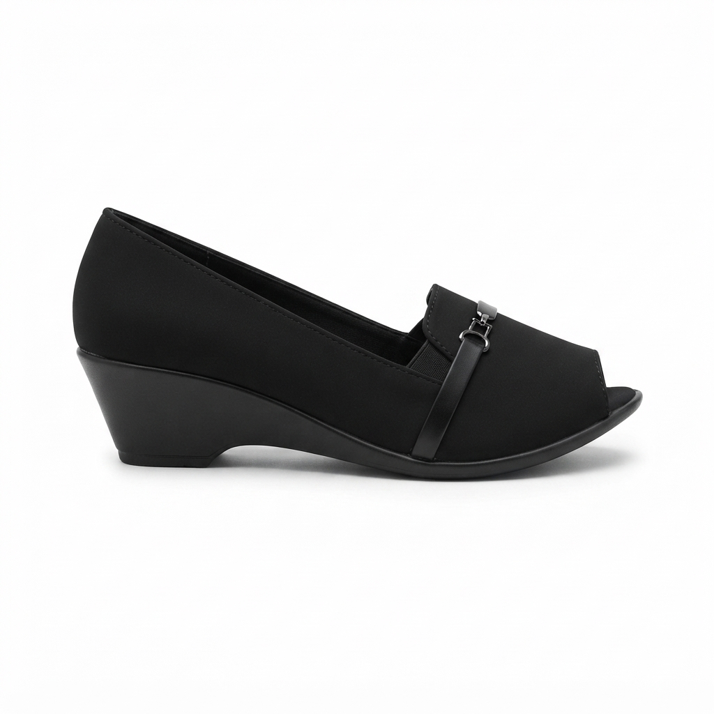 Women’s Lycra Wedge Pumps with PU Sole, Cushion Padding & Stylish Buckle Detail