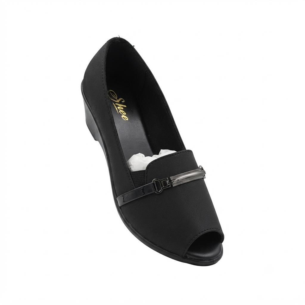 Women’s Lycra Wedge Pumps with PU Sole, Cushion Padding & Stylish Buckle Detail