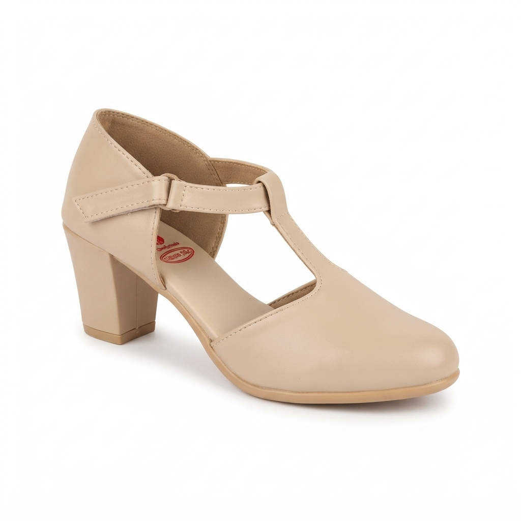Women’s Synthetic High Heel Pumps with T-Strap Design, PU Sole & Cushion Padding