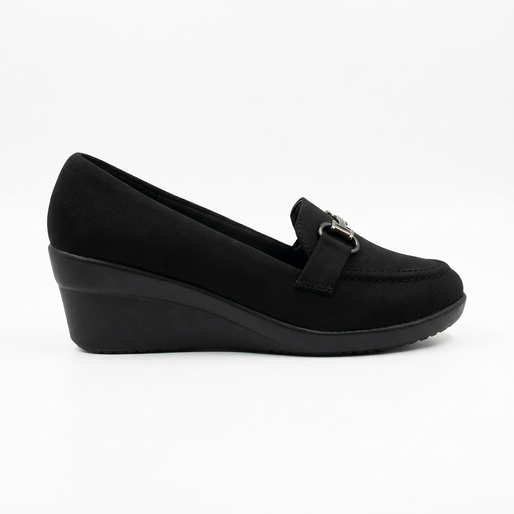 Women’s Synthetic Lycra Wedge Pumps with Stylish Metallic Buckle Detail, Comfortable Cushion Padding, Lightweight PU Sole, Slip-On Design for Office, Casual, Party and Everyday Wear