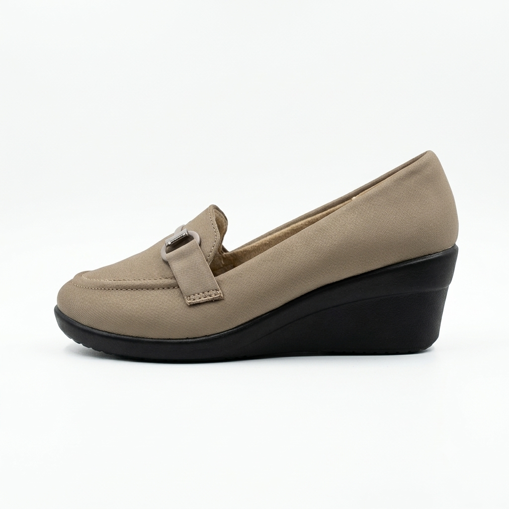 Women’s Synthetic Lycra Wedge Pumps with Stylish Metallic Buckle Detail, Comfortable Cushion Padding, Lightweight PU Sole, Slip-On Design for Office, Casual, Party and Everyday Wear