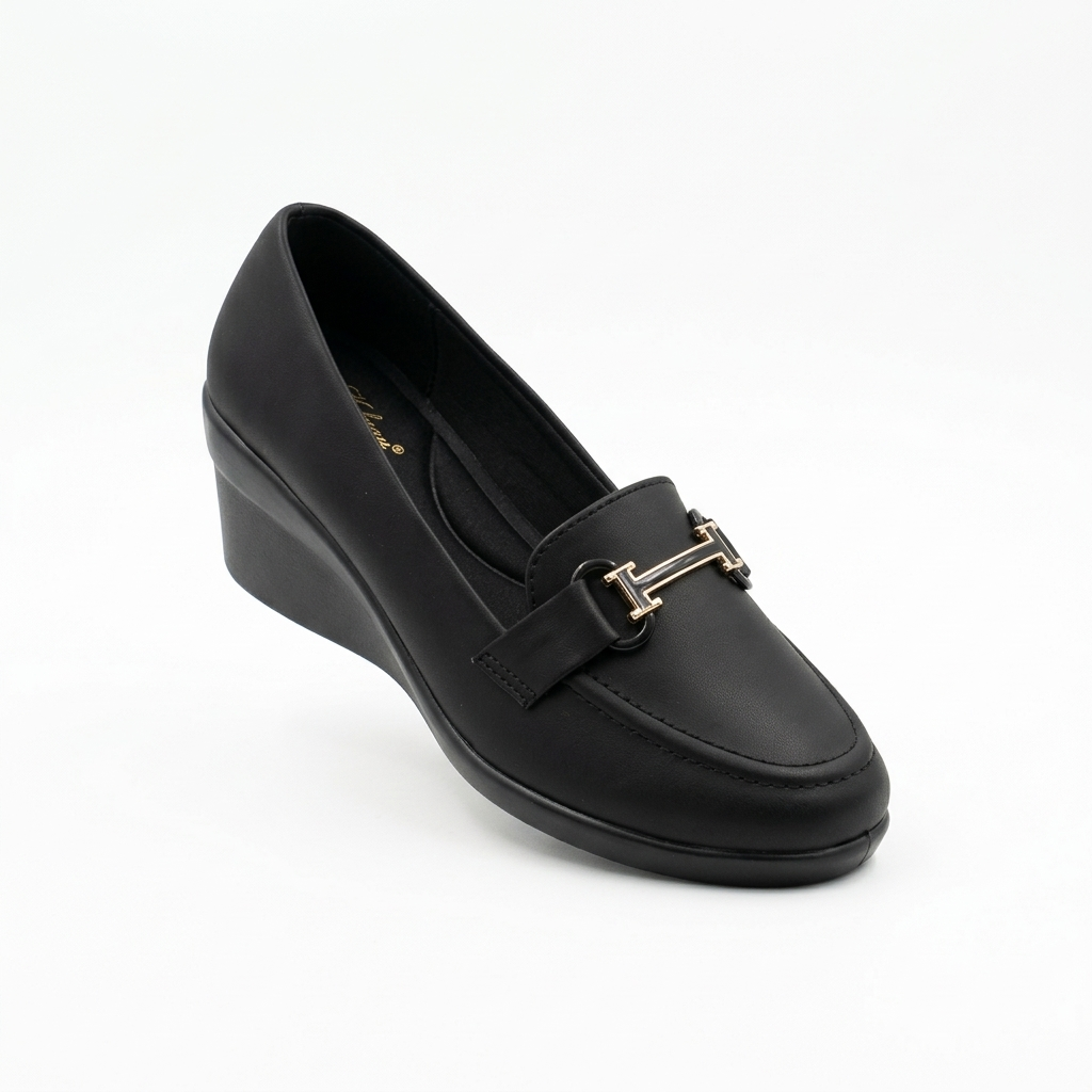Women’s Synthetic Lycra Wedge Pumps with Stylish Metallic Buckle Detail, Comfortable Cushion Padding, Lightweight PU Sole, Slip-On Design for Office, Casual, Party and Everyday Wear