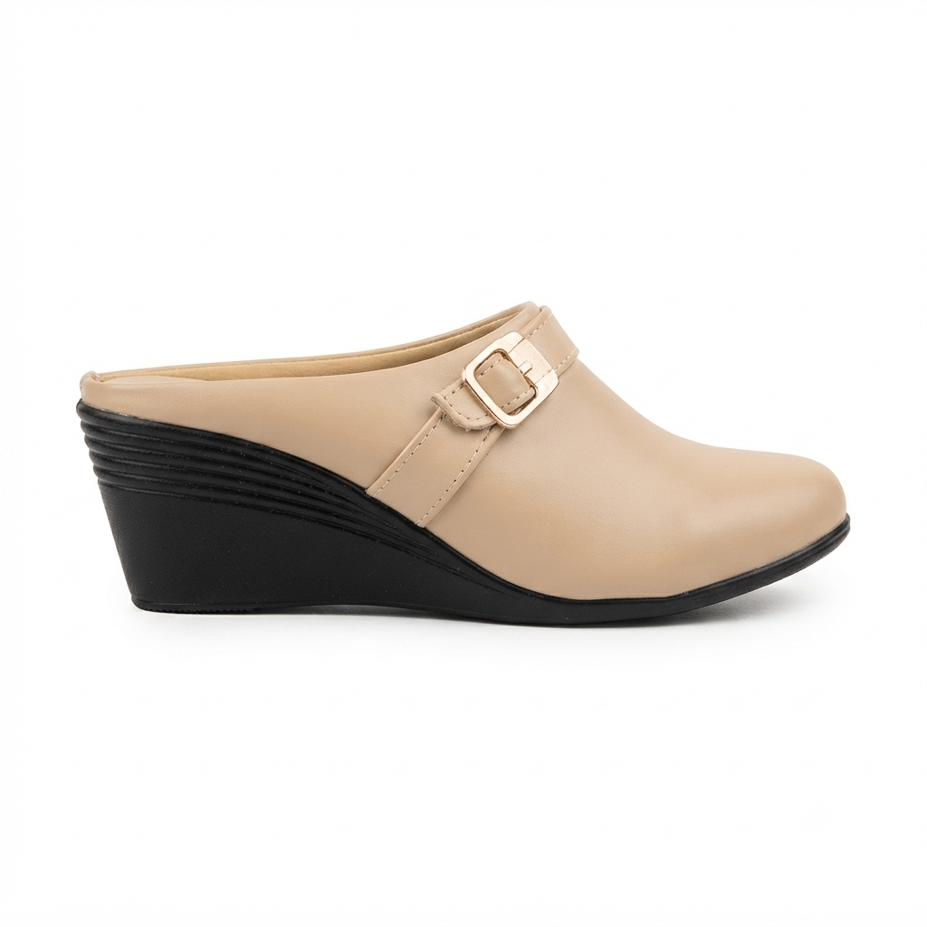 Women’s Fashion Wedge Heel Slip-On Mule Sandals with Buckle Strap | Synthetic Upper & Cushioned PU Sole