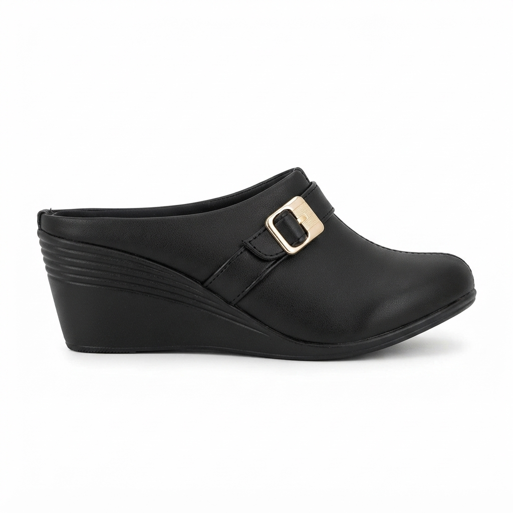 Women’s Fashion Wedge Heel Slip-On Mule Sandals with Buckle Strap | Synthetic Upper & Cushioned PU Sole