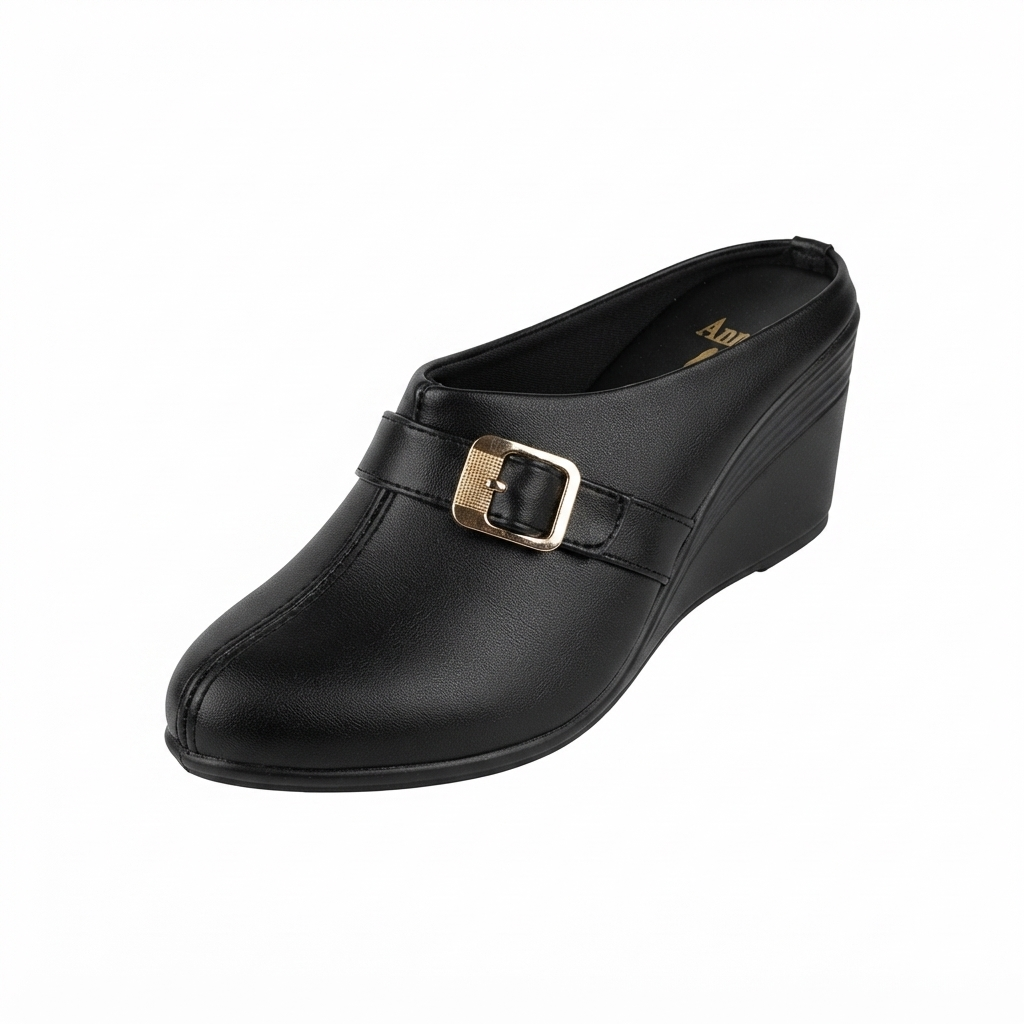 Women’s Fashion Wedge Heel Slip-On Mule Sandals with Buckle Strap | Synthetic Upper & Cushioned PU Sole