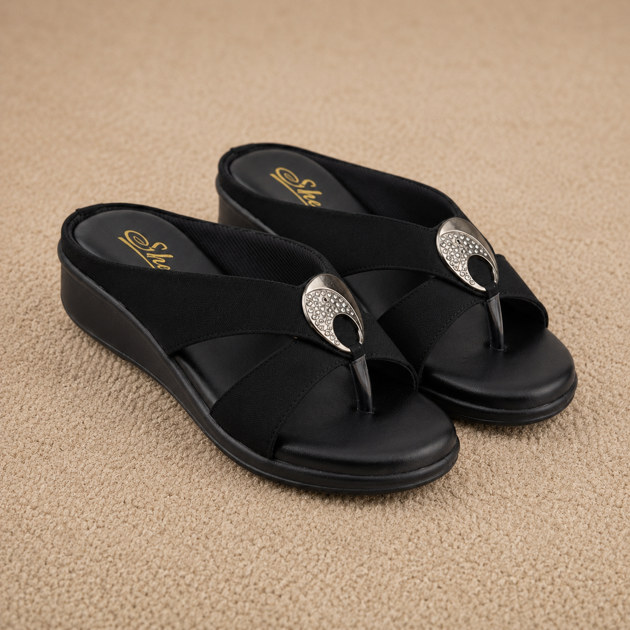 Women’s Comfortable Synthetic Lycra Wedge Sandals | Cushioned Footbed Slip-On Sandals with Embellished Buckle