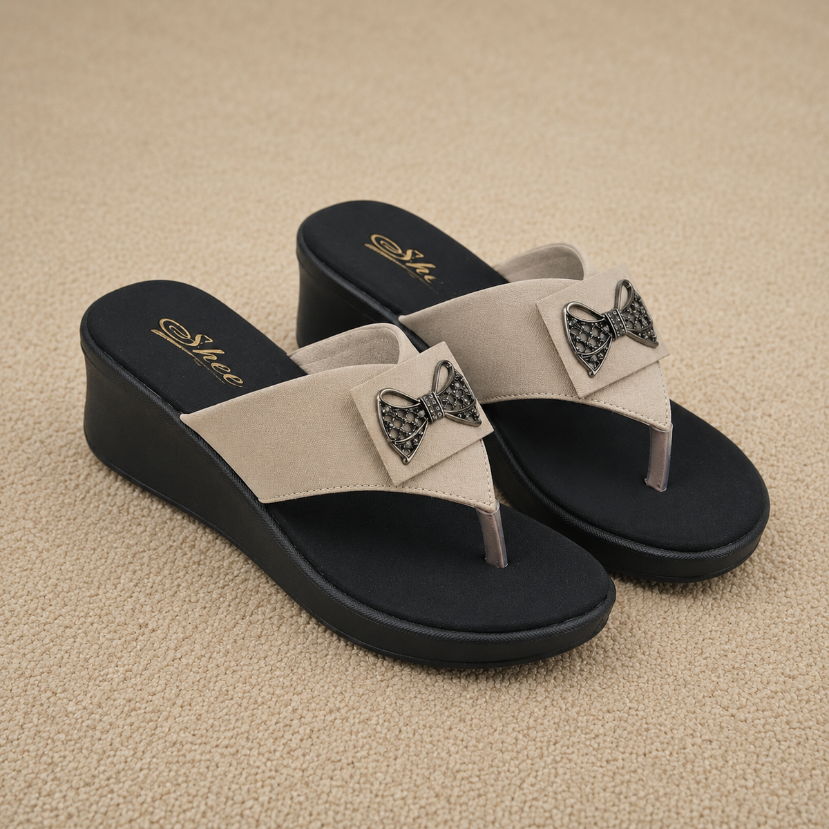 Women’s Comfortable Synthetic Lycra Wedge Chapples | Cushioned Footbed Slip-On Sandals with Rhinestone Bow Accent