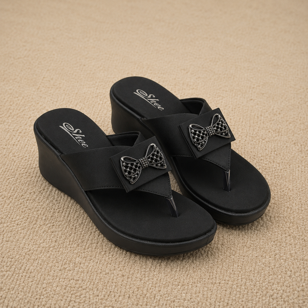 Women’s Comfortable Synthetic Lycra Wedge Sandals | Cushioned Footbed Slip-On Sandals with Rhinestone Bow Accent