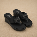 Women’s Comfortable Synthetic Lycra Wedge Sandals | Cushioned Footbed Slip-On Sandals with Rhinestone Bow Accent